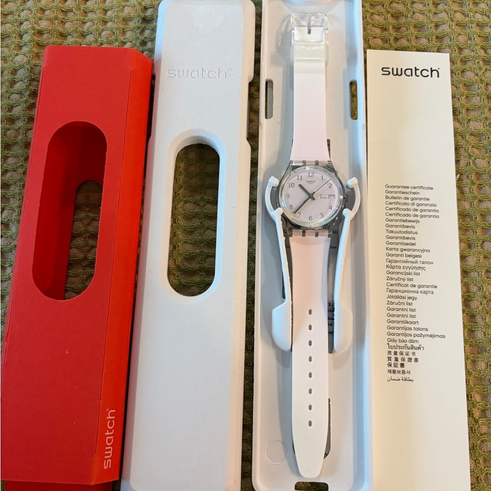 Swatch White and Silver Watch with Red Packaging